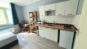 a kitchen with white cabinets and a sink in a room at Appartement Hypercentre in Valenciennes +7 photos