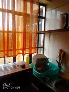 Elegantly furnished studio في نيروبي: مطبخ مع موقد ومغسلة ونافذة