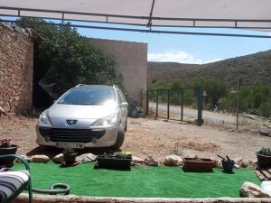 ein silbernes Auto auf einem Hof mit grünem Gras geparkt in der Unterkunft MiniCasa con vistas a las Hoces del río Riaza. in Montejo de la Vega de la Serrezuela