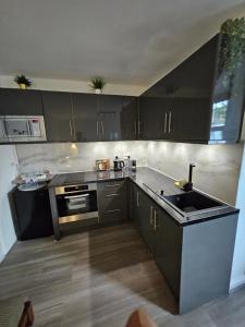 a kitchen with black cabinets and a sink at Studio in central London in London