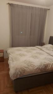 een slaapkamer met een bed en een raam met een gordijn bij Anja in Lukavica