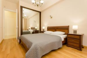 Un dormitorio con una cama y un espejo grande. en Cozy Apartment In The City Center, en Tiflis