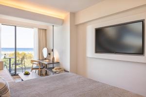 a hotel room with a television and a bed at Erato by Samian Mare in Karlovasi