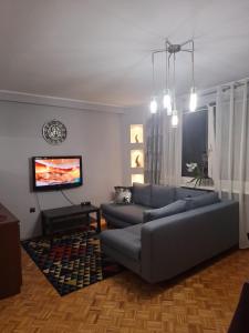 a living room with a couch and a tv at KWATERY PRACOWNICZE in Środa Wielkopolska