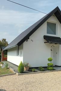 Biały dom z czarnym dachem w obiekcie In the Green w mieście Lopatinec