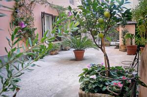 ローマにあるMinerva Houseの鉢植えの植物と花が咲く中庭