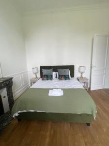 um quarto com uma cama com um cobertor verde e 2 candeeiros em Château de Respide em Langon