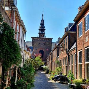 City Attic Haarlem في هارلم: زقاق في مدينة بها برج ساعة