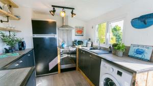 a kitchen with a black refrigerator and a dishwasher at Easter Cabin in Moelfre