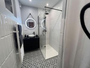 ein Bad mit einer Dusche, einem Waschbecken und einem Spiegel in der Unterkunft Appartement cosy proche du centre in Reims