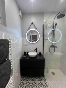 ein Bad mit einem Waschbecken und einem Spiegel in der Unterkunft Appartement cosy proche du centre in Reims