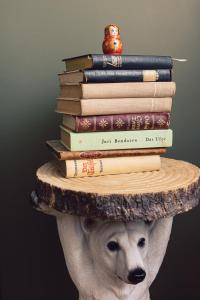 a pile of books on top of a hat on a head at Flecksches Gut in Leipzig