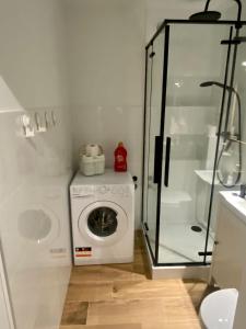 a washing machine in a bathroom with a shower at Widokówka in Toruń