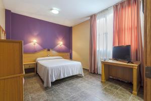 a hotel room with a bed and a television at Hostal Don Juan in Meco