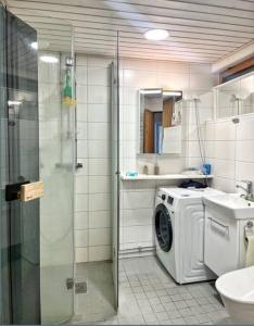 y baño con lavadora y lavamanos. en Kotimaailma - Tilava rivitalo asunto 3MH ja sauna lähellä Korson keskustaa, en Helsinki