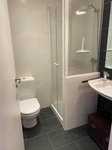 a bathroom with a toilet and a shower and a sink at Les Ferreries Saillagouse in Saillagouse