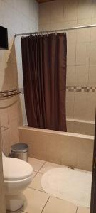 y baño con cortina de ducha y aseo. en Kartagus Guest House en San Salvador