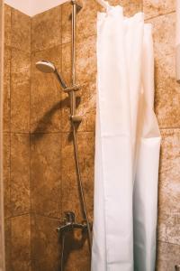 a shower with a white shower curtain in a bathroom at Holiday Home GaMaJaMa in Dobravlje