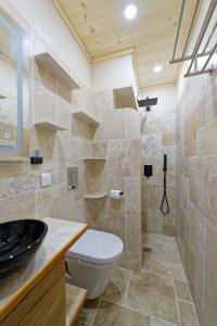 łazienka z toaletą i prysznicem w obiekcie Le Panorama Orcières - Appt vue montagne w mieście Orcières