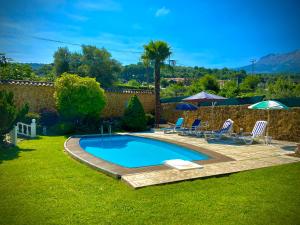 einen Pool in einem Garten mit Stühlen und einem Sonnenschirm in der Unterkunft Casa del Pintor Antonio Mesa in Mombeltrán