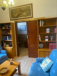 a living room with a blue couch and book shelves at CASA ARIGABI in Icod de los Vinos
