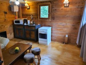 a kitchen with a stove and a table in a room at cabane in Aspremont