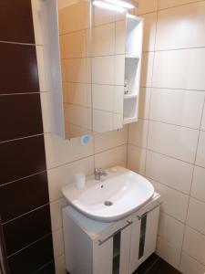ein Badezimmer mit einem weißen Waschbecken und einem Spiegel in der Unterkunft Apartmani Milica in Banja Luka