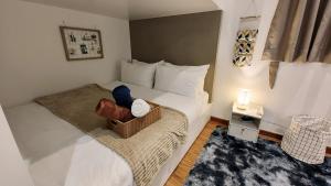 een slaapkamer met een bed met een mand erop bij SkyPool 2BR 9pax Premium Suite@Beacon @Georgetown @Penang in George Town