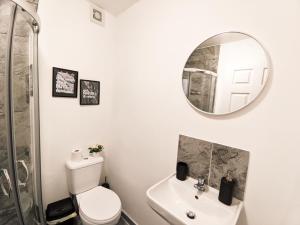 un bagno con un water, un lavandino e uno specchio di A&A Luxury Stay Olive St - City Centre Premium Stays a Sunderland Altre 11 foto