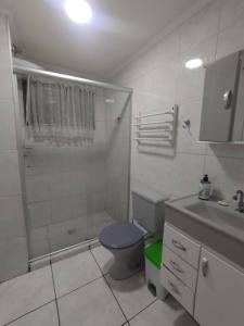 La salle de bains est pourvue d'une douche, de toilettes et d'un lavabo. dans l'établissement Apartamento ao lado Praça Central, à Poços de Caldas