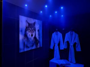 a blue room with a picture of a wolf anduits at Le Paret chambres d'hôtes de charme & spa in Manigod