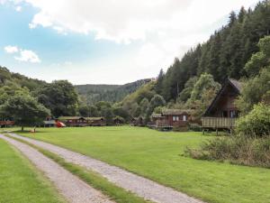 um campo relvado com uma estrada de terra em frente às casas em Dartmoor Retreat Lodge em Exeter