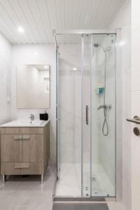 ein Bad mit einer Dusche und einem Waschbecken in der Unterkunft Cozy and modern flat in Lisbon in Lissabon