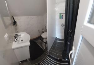 een kleine badkamer met een wastafel en een toilet bij Amar Apartmani,, in Živinice