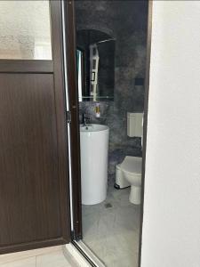 a bathroom with a sink and a toilet at Garsoniera Craiova Centru Vechi in Craiova