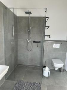 uma casa de banho com um chuveiro e um WC. em Hof Busen Landhaus Ap. oben links em Mönchengladbach