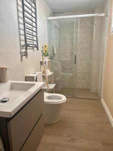 a bathroom with a shower and a toilet and a sink at CASA BOUTIQUE LOS MONEGROS 