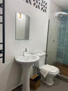 a bathroom with a sink and a toilet and a mirror at Pousada Reserva Tatuamunha in Pôrto de Pedras +32 photos