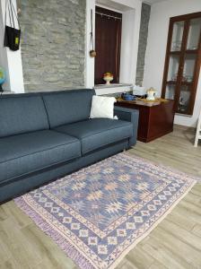 a blue couch in a living room with a rug at Il cortile dei frutti selvatici in Santo Stefano Belbo