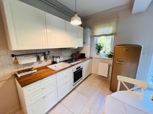een keuken met witte kasten en een roestvrijstalen koelkast bij MVS Apartment in Giroc
