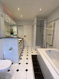 a bathroom with a tub and a toilet and a sink at Dachwohnung mit Wasserblick und eigenem Bootssteg in Berlin
