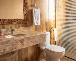 La salle de bains est pourvue d'un lavabo en marbre et de toilettes. dans l'établissement Vila Germânia, Casa Berlim, à Pirenópolis