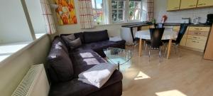 ein Wohnzimmer mit einem Sofa und einem Tisch in der Unterkunft dresdnerferienwohnung - apartment am großen garten in Dresden