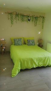 uma grande cama verde num quarto com luzes em gîte de charèze em Seigy
