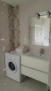 uma casa de banho branca com uma máquina de lavar roupa e um lavatório em gîte de charèze em Seigy