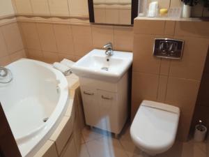 ein Badezimmer mit einem weißen Waschbecken und einem WC in der Unterkunft Apartament Mazurska 24a in Kętrzyn