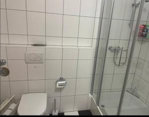 ein Bad mit einem WC und einer Dusche in der Unterkunft Vintage Traum in Hückelhoven