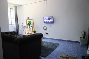 salon z kanapą i telewizorem na ścianie w obiekcie Roma Airbnb 