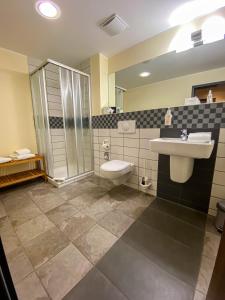 een badkamer met een wastafel, een toilet en een douche bij Phönix Hotel in Bergneustadt