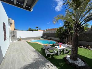 ein Hinterhof mit einem Pool und einer Palme in der Unterkunft Villa Papi in La Oliva